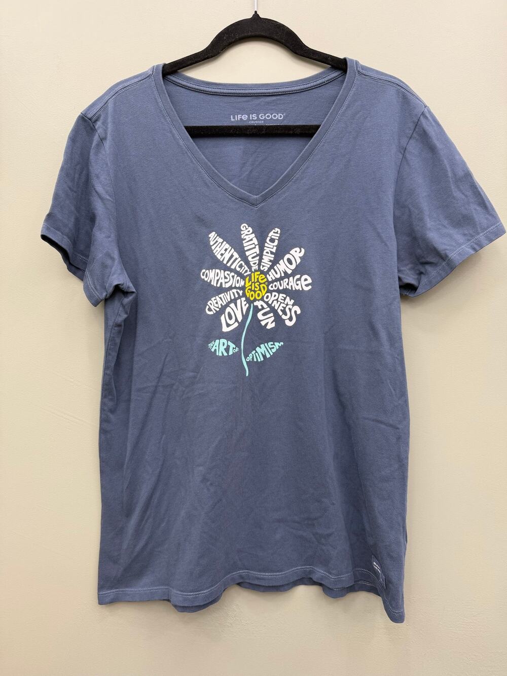 Life is Good Crusher Tee Large Blue Optimism Flower Graphic 100% Cotton